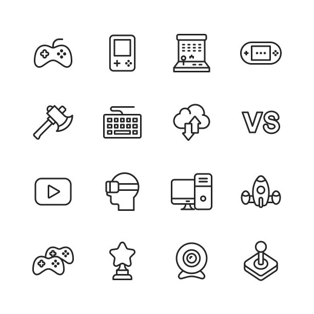 游戏和视频游戏系列图标。可编辑的中风。像素完美。移动和网络。包含视频游戏、手机游戏、设备、游戏机、RPG、虚拟现实、射击、键盘、鼠标、电脑、平板电脑、多人游戏、流媒体等图标。图片下载