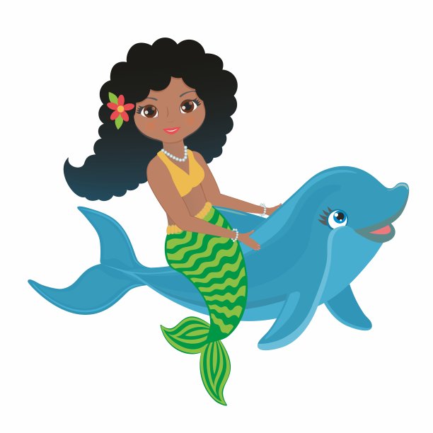 可爱快乐的美人鱼骑在海豚幼崽，鱼一个阳光明媚的日子。矢量插图。图片下载