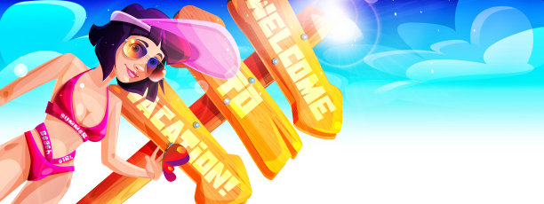 卡通风格的海滩度假概念。年轻美丽的女游客在一个阳光明媚的夏日天空的背景下，一个旧的木制度假方向板泳装。图片下载