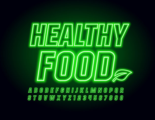 矢量霓虹标志健康食物与叶子。发光的字母和数字图片下载