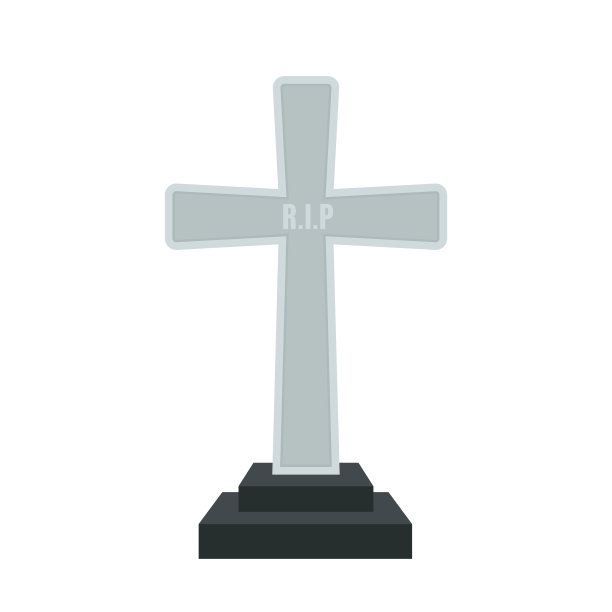 白色背景墓碑RIP图标扁平风格。死亡象征。万圣节墓碑，墓地或坟墓，白色背景石制十字架。万圣节，葬礼。矢量素材图片下载