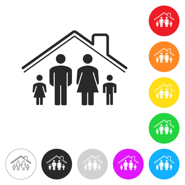 家人呆在家里。按钮上不同颜色的平面图标图片下载