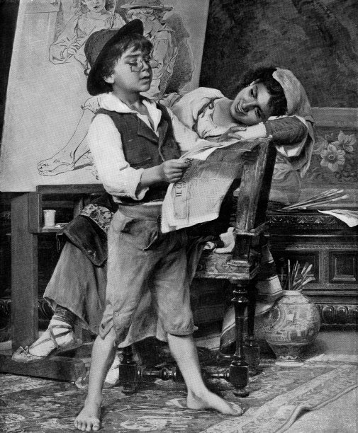 在艺术家的工作室里读新闻，Luigi Bechi的《教授出来了- 19世纪》图片下载