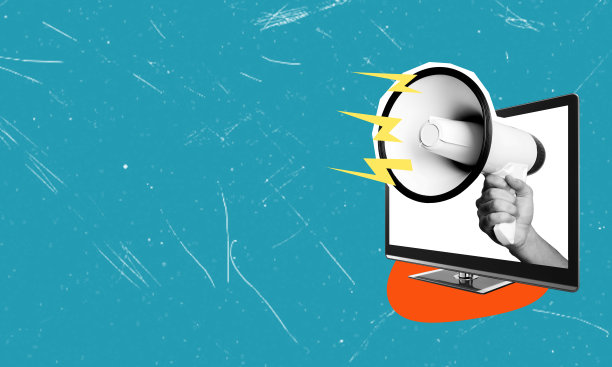 当代艺术拼贴，艺术拼贴。一只拿着扩音器的手从一台带有复制空间的蓝色背景的现代电视机中伸出来。图片下载