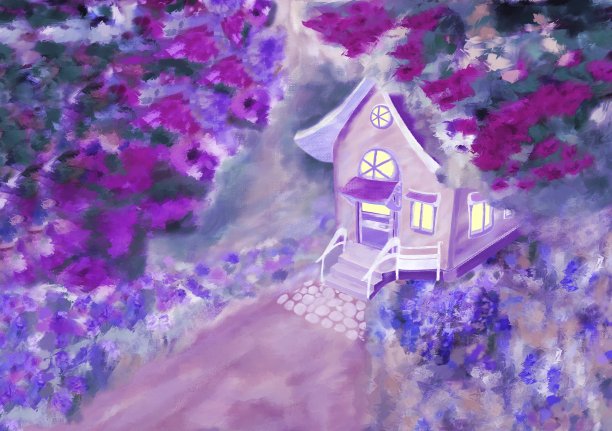 一个漂亮的小房子。粉彩绘画用粉彩技术的绘画图片下载