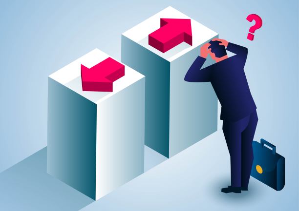 商人双手抱头，不知道该选左箭头还是右箭头图片下载