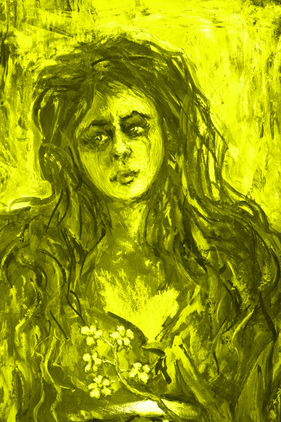 插图油画在黄色肖像的年轻女子长头发在黑色的衣服图片下载