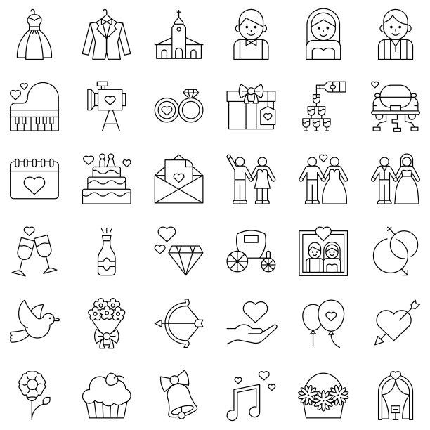 婚礼相关图标设置编辑线风格图片下载