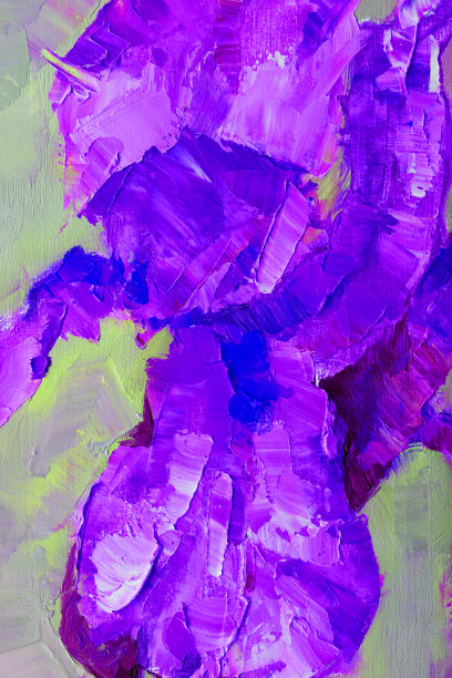 时尚的春天插图寓言现代艺术作品油画春花印象派静物在灰色的黄昏背景上绽放着明亮的紫色蝴蝶花图片下载