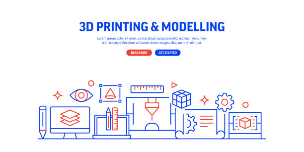 3D打印技术相关流程信息图表设计，线性风格矢量插图图片下载