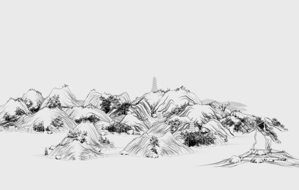 抽象的中国传统山水画，山河自然插画图片下载