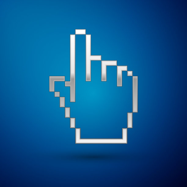 银色像素手光标图标孤立的蓝色图片下载