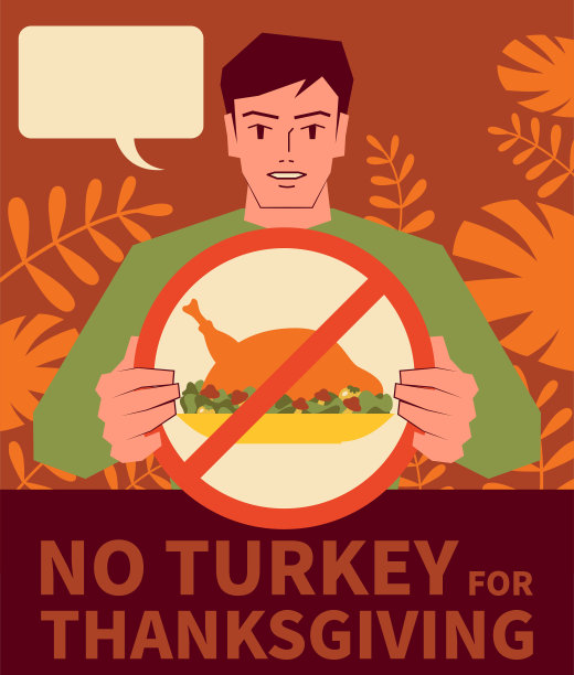 感恩节禁止吃火鸡；英俊男人拿着禁止吃火鸡肉的标志图片下载