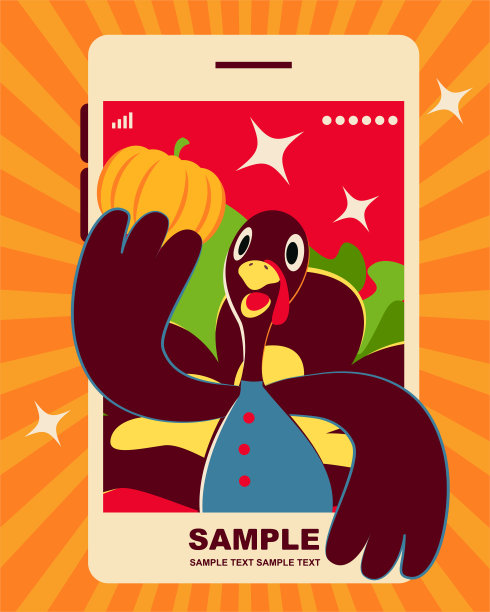 微笑的感恩节火鸡从手机里出来图片下载