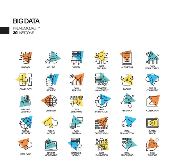 简单的大数据相关向量聚光灯线图标集。大纲符号集合。图片下载