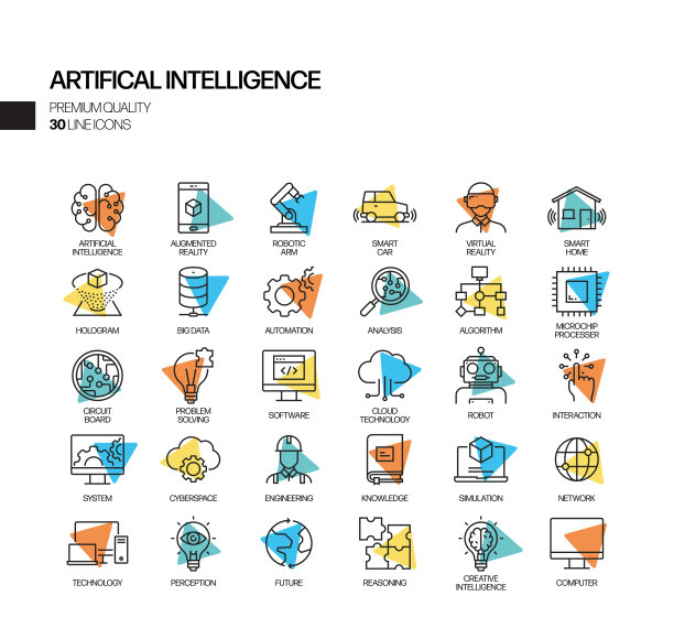 简单的一组人工智能相关聚光灯向量线图标。大纲符号集合。图片下载