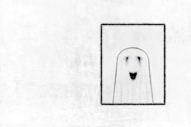 黑色和白色的幽灵乡村万圣节主题水平纹理效果背景与一个褪色的框架抽象快乐快乐微笑的幽灵三维或三维在一个白色面纱涂鸦在粗糙的划痕墙在一个相框图片下载
