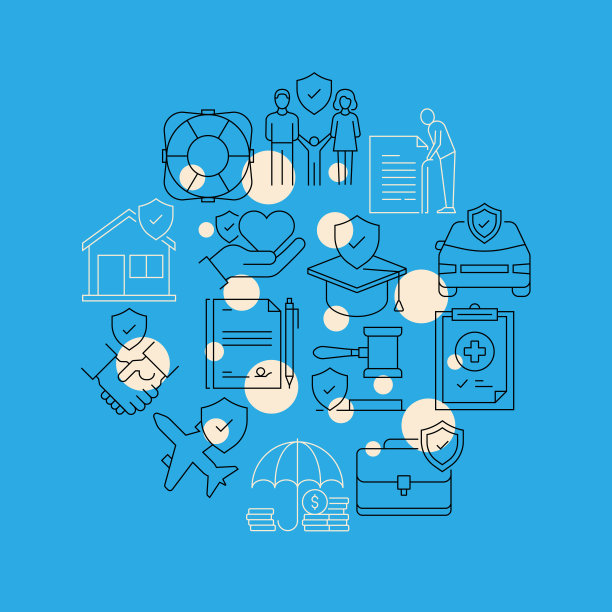 保险相关设计要素。使用大纲图标的模式设计。色彩斑斓的矢量图图片下载