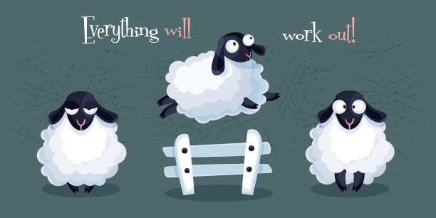 一切都会解决的!卡通可爱的羊跳过栅栏在一个彩色的抽象背景。现代创意插画应用程序，网站，演示或设计。图片下载