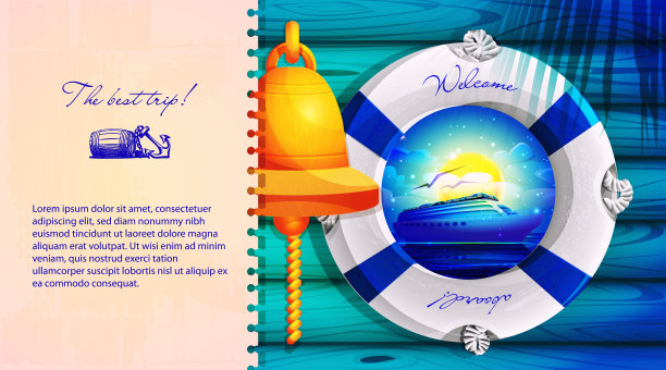 卡通风格的旅游度假概念。海钟和一艘邮轮在水中满月的灯光下在一个救生圈上，背景是一块黑板，上面有空白的文字。图片下载