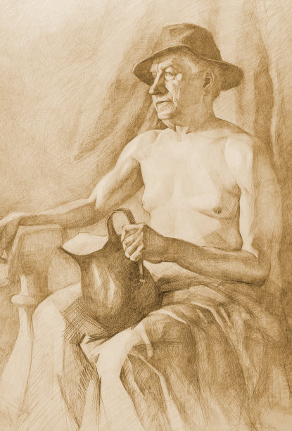 插图铅笔画的一个男人灰色头发在帽子和一壶水在他的手在浅棕色的背景在深褐色调图片下载