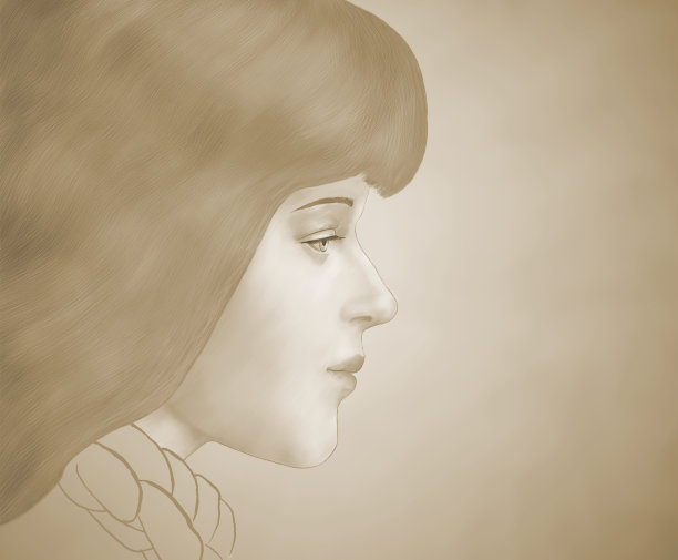 一个年轻的白人女孩，在棕褐色的背景上有一头长长的直发图片下载