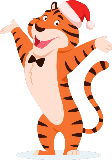 扁平可爱的老虎在圣诞老人的帽子孤立在白色图片下载