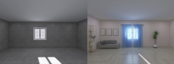客厅装修前后3d渲染，3d插画图片下载