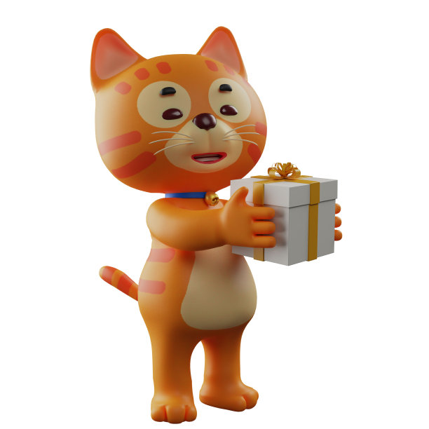 汗三维猫卡通设计拿着一份礼物图片下载