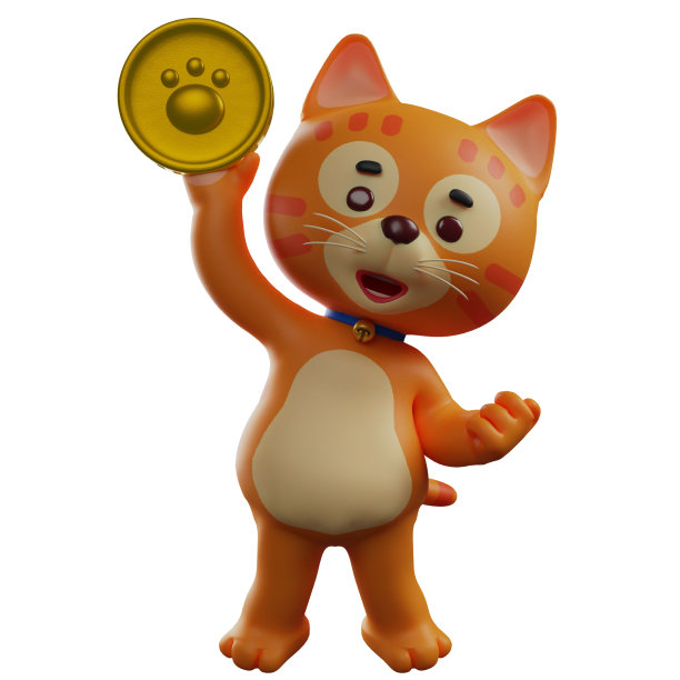 3D猫卡通插图，骄傲地展示一枚金币图片下载