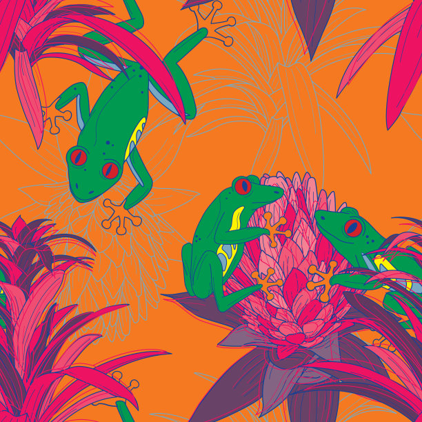 90年代做70年代复古风格明亮的树蛙和花凤梨无缝图案图片下载