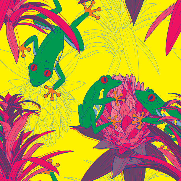 90年代做70年代复古风格明亮的树蛙和花凤梨无缝图案图片下载