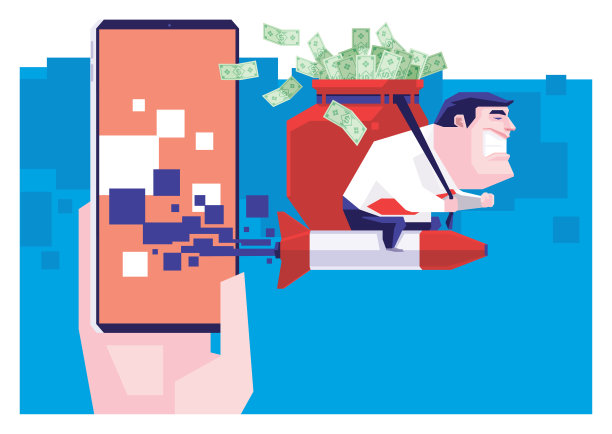 商人骑着火箭，背着一大袋钞票，还留下了智能手机图片下载