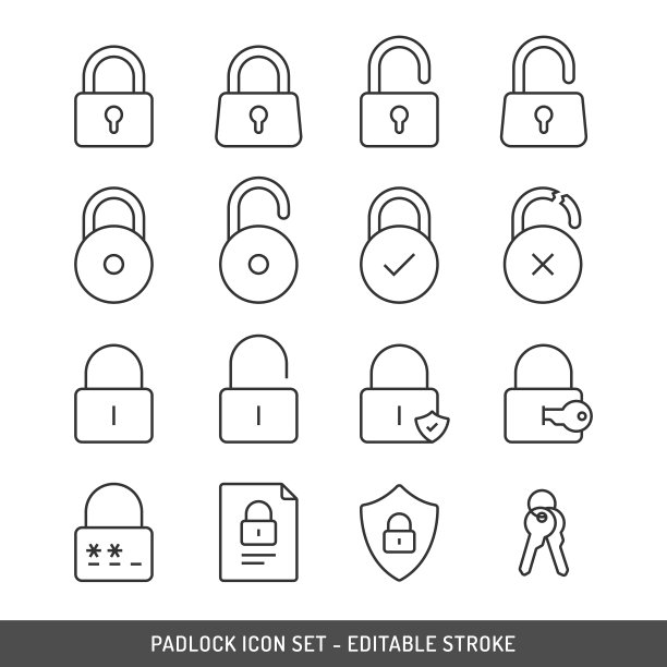 挂锁图标集可编辑笔画矢量设计在白色背景。图片下载