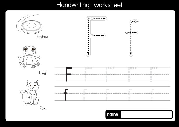 黑白矢量插图与字母F大写字母或大写字母的儿童学习练习ABC图片下载