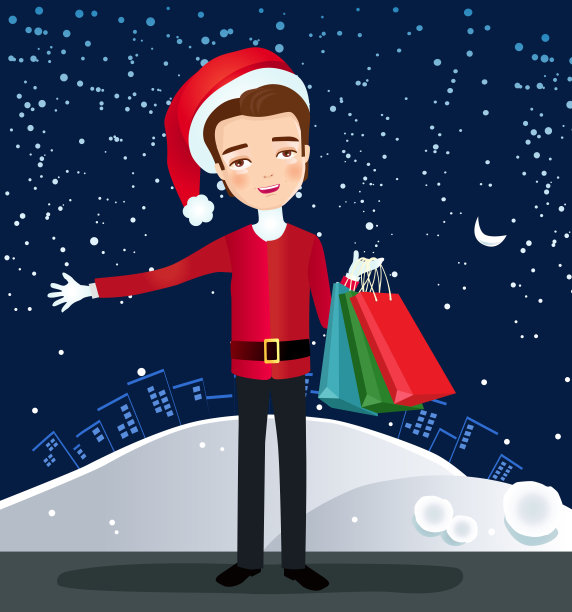 一个英俊的年轻人穿着圣诞老人的衣服去买圣诞礼物。图片下载