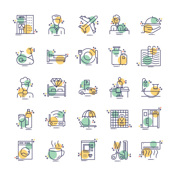 酒店线路图标概念。现成的设计，随时可用的图标，无论是一次性使用还是批量使用。它色彩斑斓，外观有趣，可用于商务生活，网页设计，杂志，数字平台等领域的现成图标。图片下载