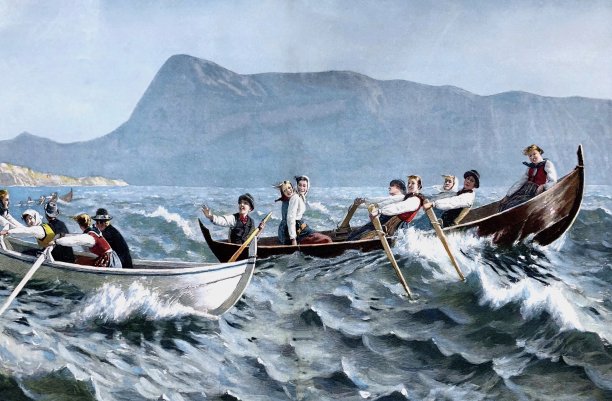 两艘小船载着年轻人在波涛汹涌的海面上划船，互相竞争图片下载