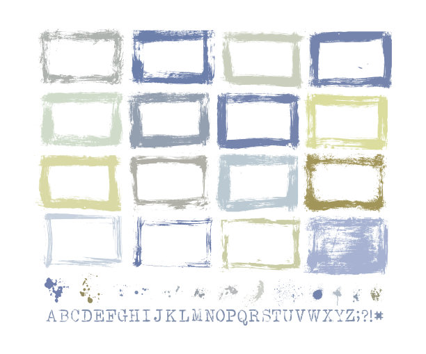 平面设计要点:垃圾纹理，手绘边框，油漆飞溅，画笔笔触，自制的手绘模板字母。高分辨率。jpeg和分组元素矢量文件包括图片下载