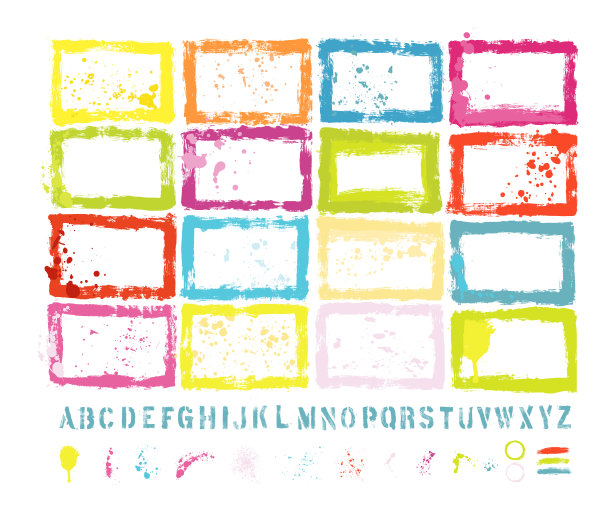 平面设计要点:绘制页面边界与真实扫描在纹理，画笔笔触，油漆滴和模板字母集。包括一个高分辨率的JPEG和一个分组矢量文件。图片下载