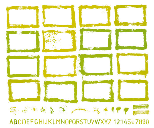 手绘设计师元素集。边界、色斑、字母表图片下载