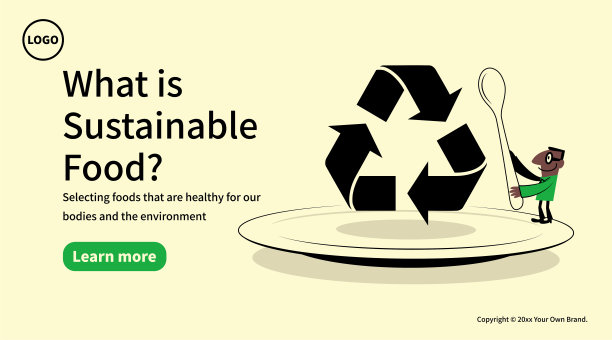 可持续食品与环保概念：微笑男人手持大勺站在带有回收标志的巨大盘子上图片下载