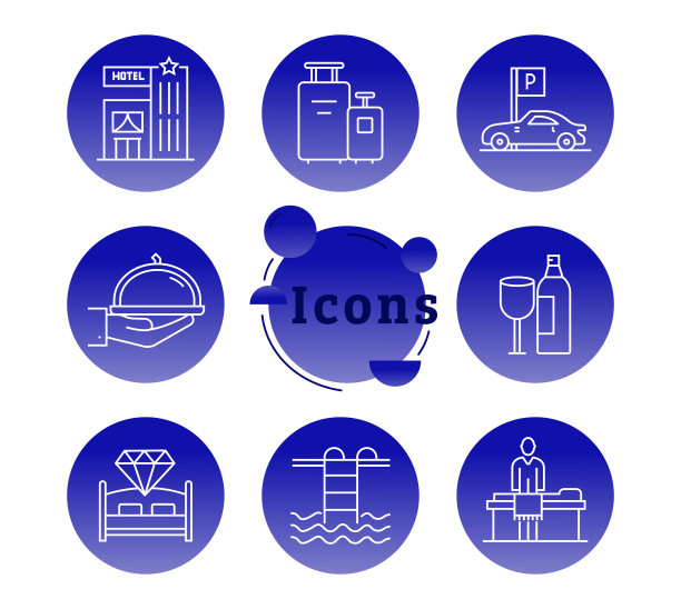 酒店和服务信息图表模板可编辑的笔画。在线预订，接待，餐厅，健身中心，海滩，行李，休闲图片下载