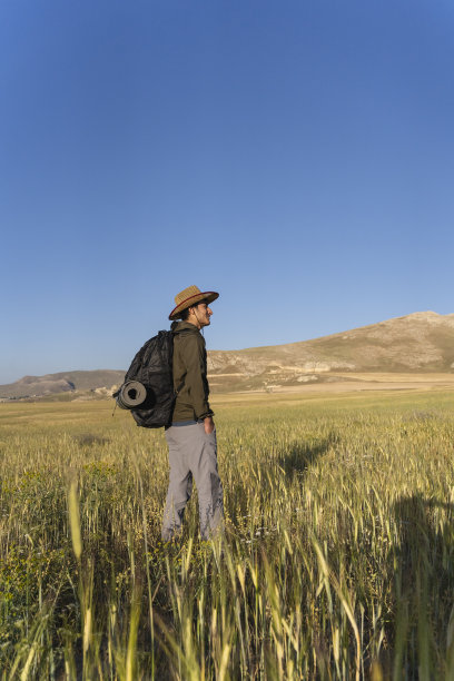 拥抱户外：年轻冒险家背着露营背包走过田野图片下载