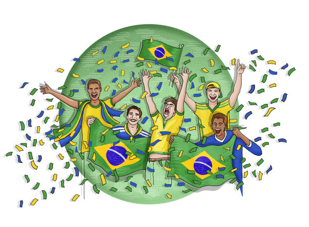 五名巴西球迷用巴西国旗庆祝图片下载