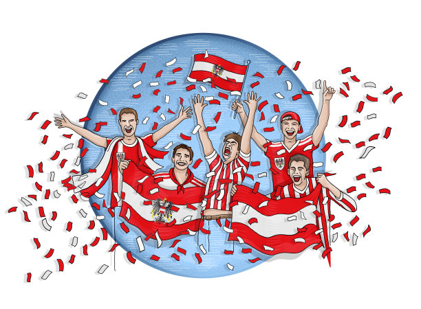 五名奥地利球迷举着奥地利国旗庆祝图片下载