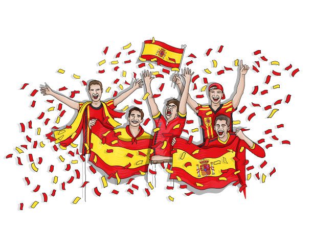 五名西班牙球迷用西班牙国旗庆祝图片下载