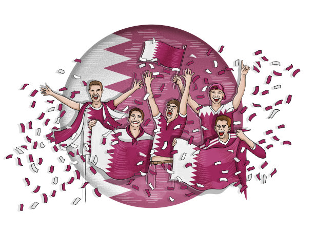 一群挥舞着卡塔尔国旗的球迷图片下载