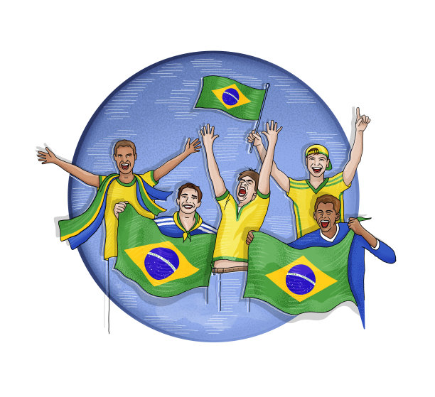 五名巴西球迷用巴西国旗庆祝图片下载