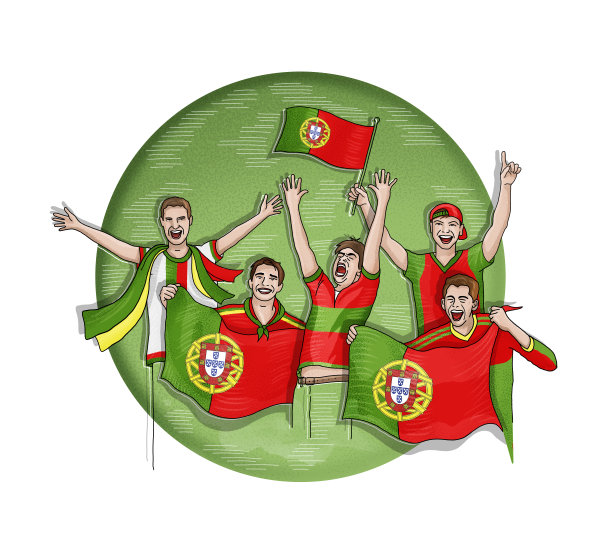 五名葡萄牙球迷在葡萄牙国旗下庆祝图片下载